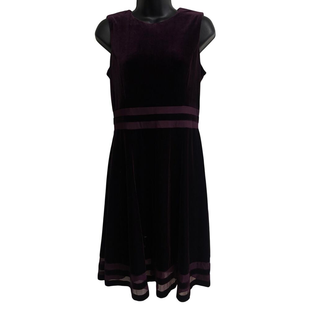 Calvin Klein Velvet Fit & Flare Dress Size 6 Plum Purple Sleeveless Mesh Hem